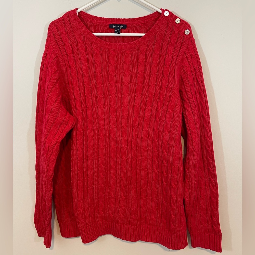 Lands End Cable Knit sweater womens sz 2X red Pullover Fisherman shoulder button